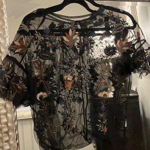 Dalia Black Sheer Blouse with Colorful Embroidery